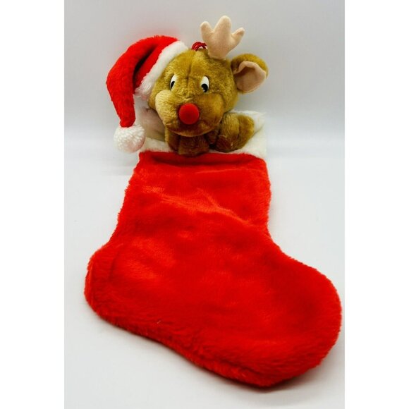 Rudolph Reindeer Christmas Stocking Plush 3D Santa Hat Stuffed Animal 22 inch - Picture 2 of 8